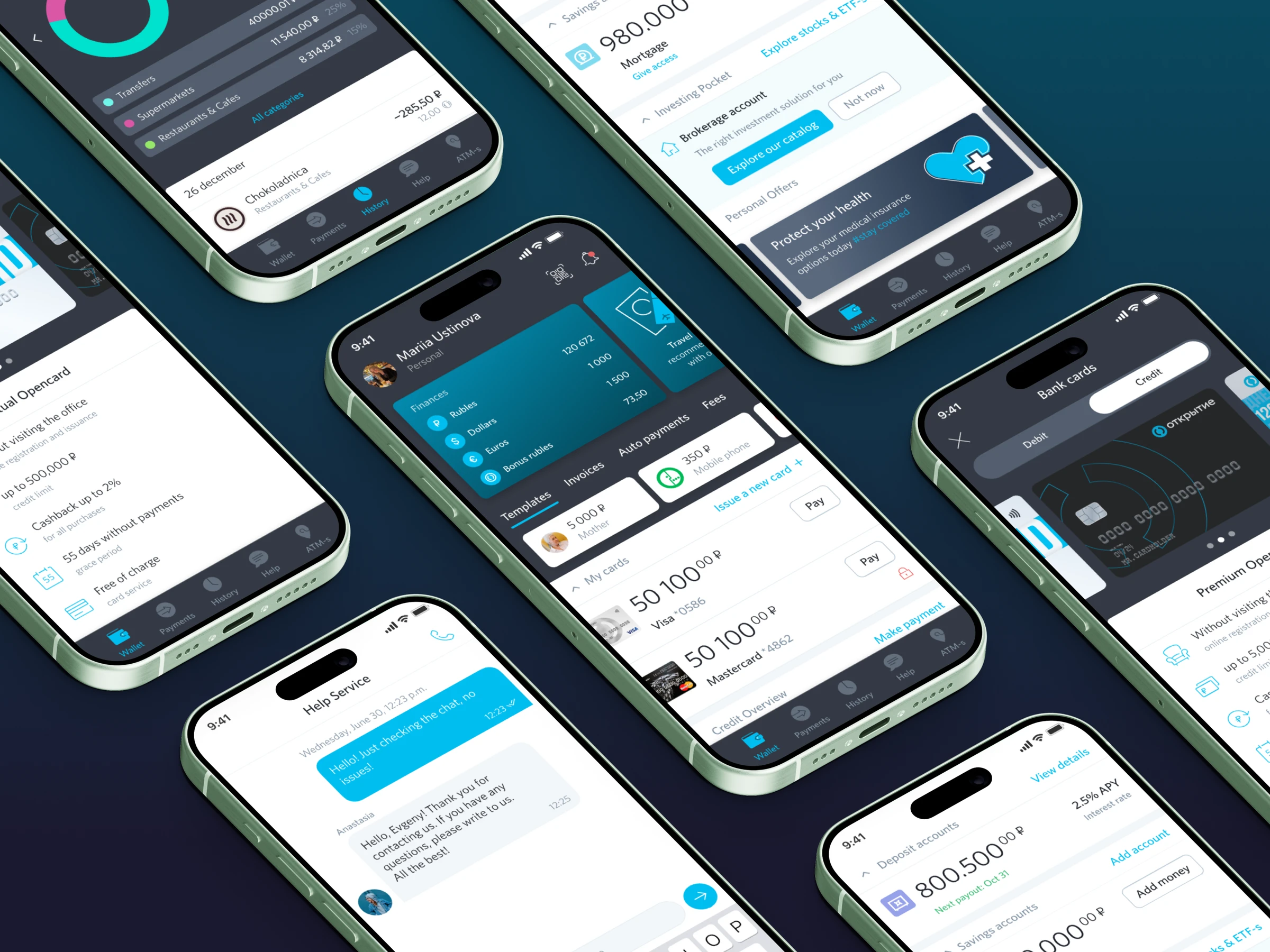 Internet banking mobile app screens shown on several phones