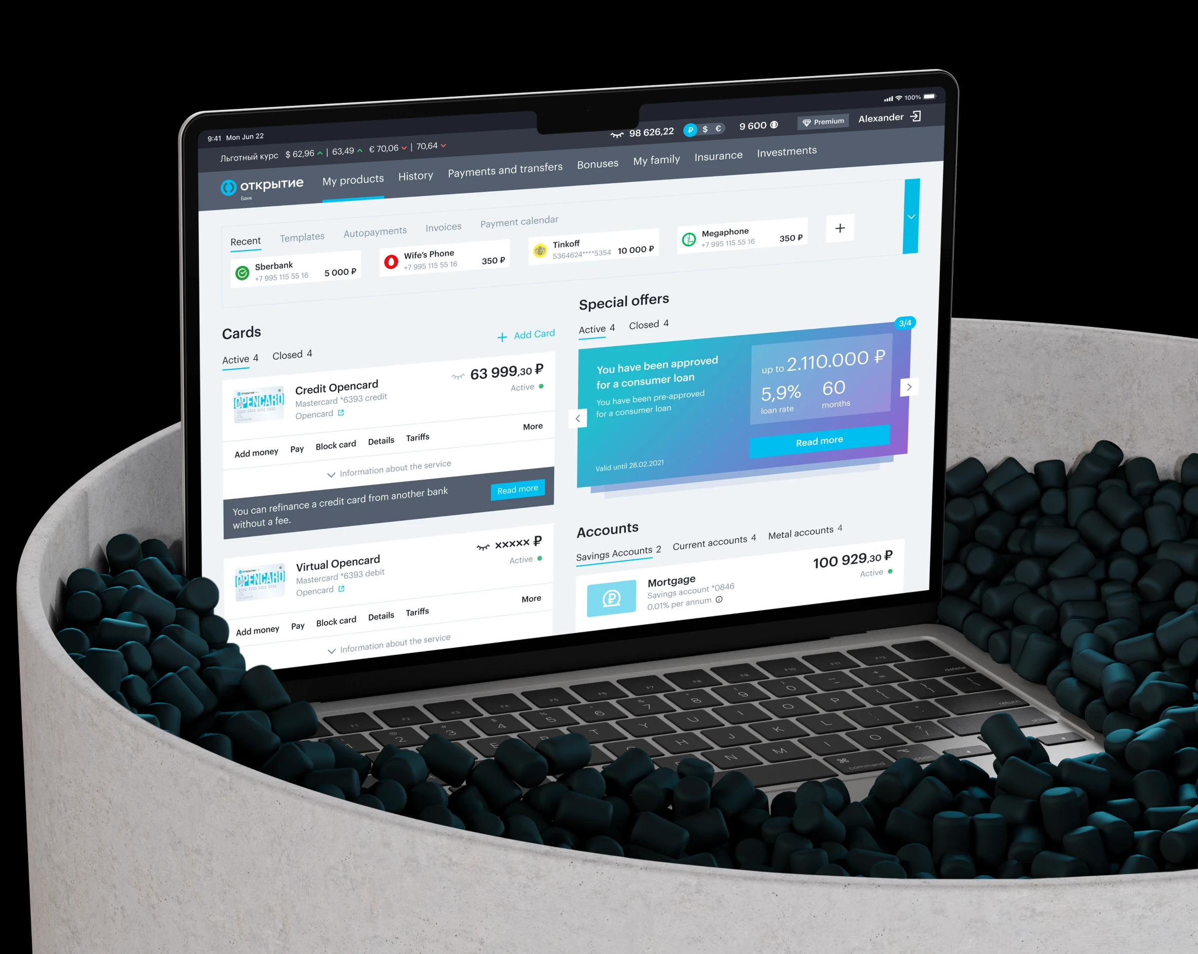 Web banking application dashboard on a laptop