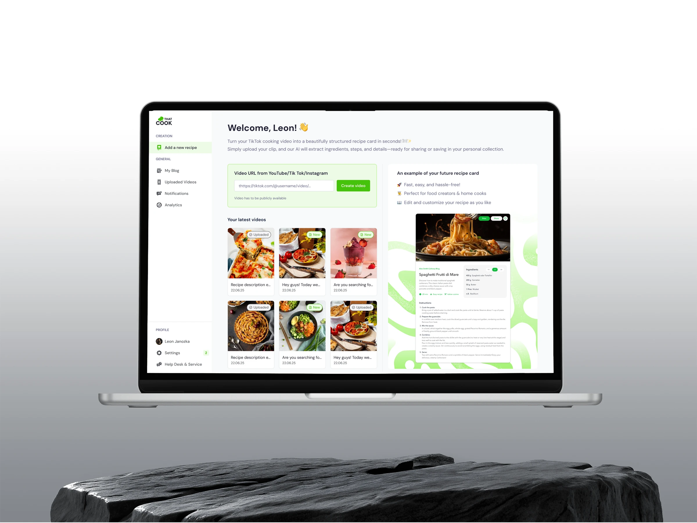 That Cook AI platform dashboard on a laptop, with recipe cards and analytics