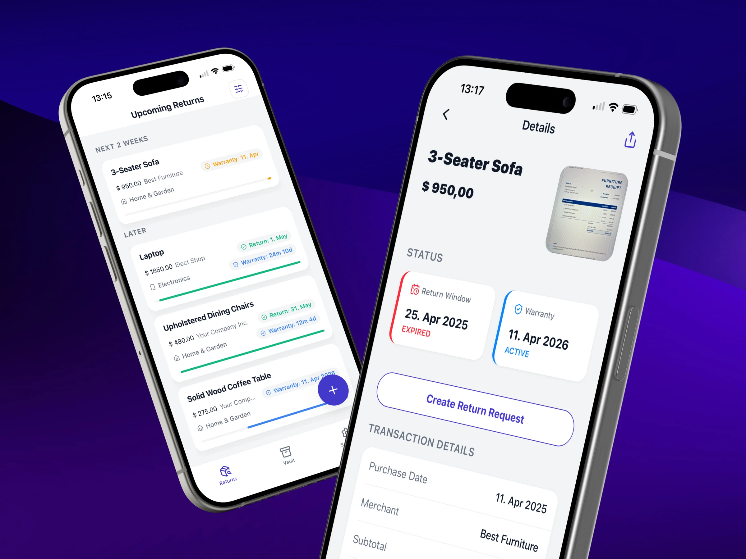 Mobile warranty and returns application screens