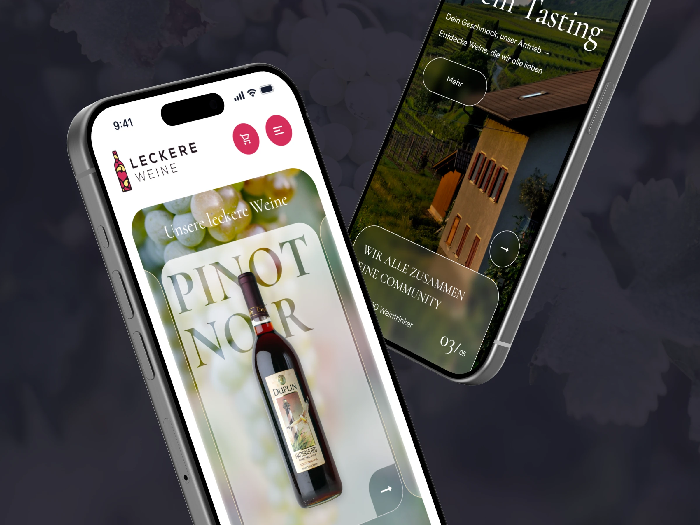 Wine shop and tasting experience app screens
