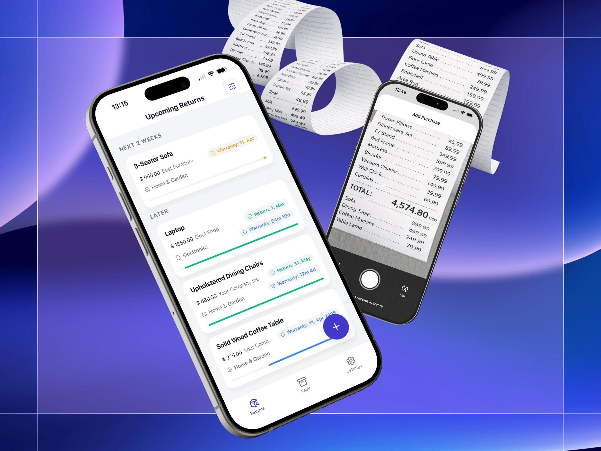 Reclaim screens for purchase details, receipts, and reminders