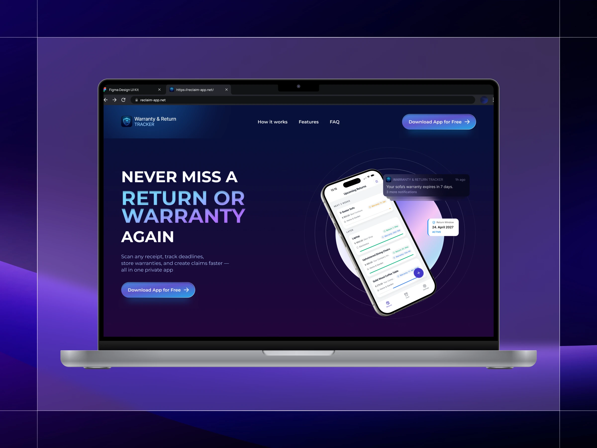 Reclaim promotional website displayed on a laptop with the mobile app