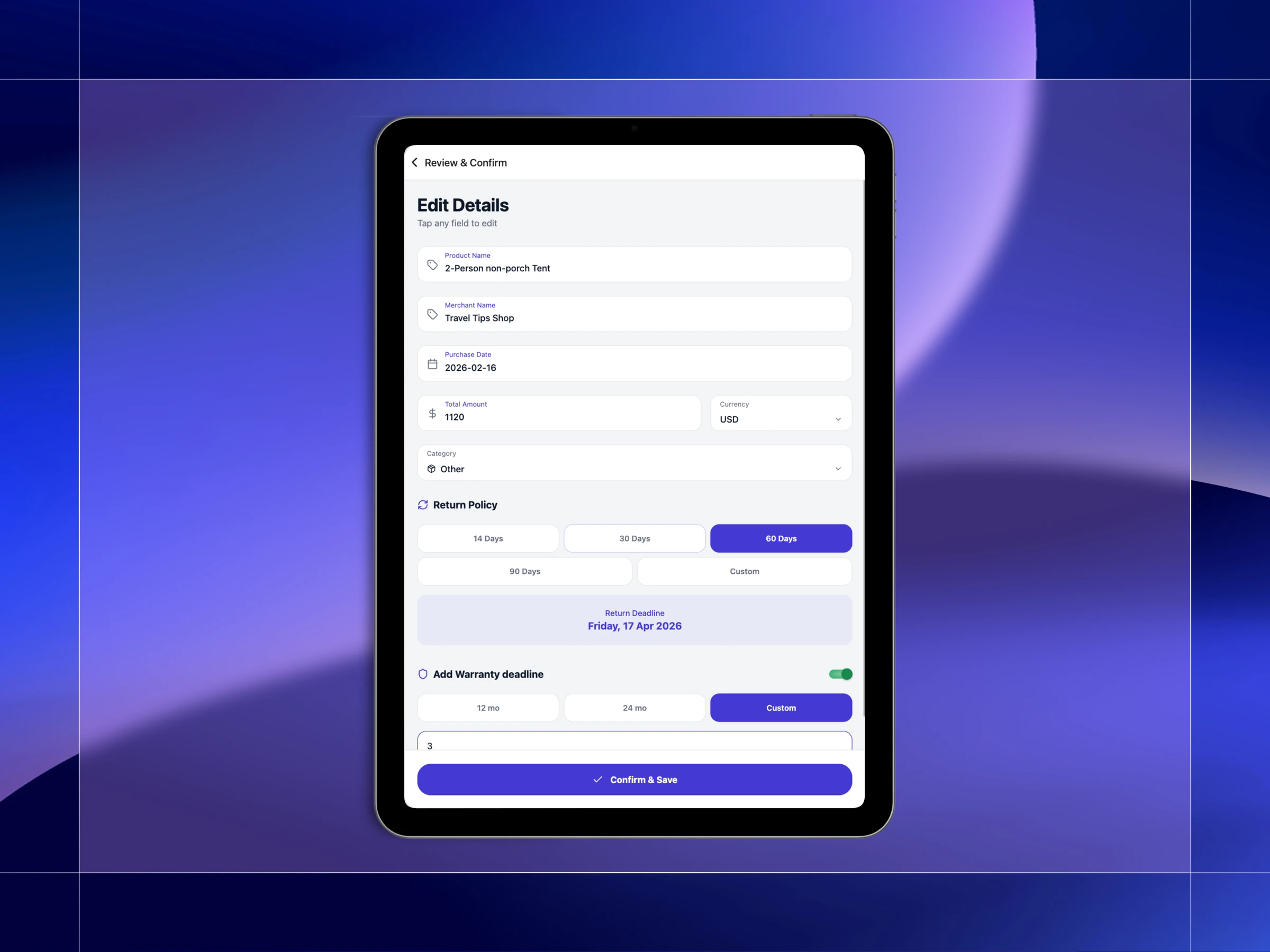 Purchase record and warranty tracking interface on a tablet