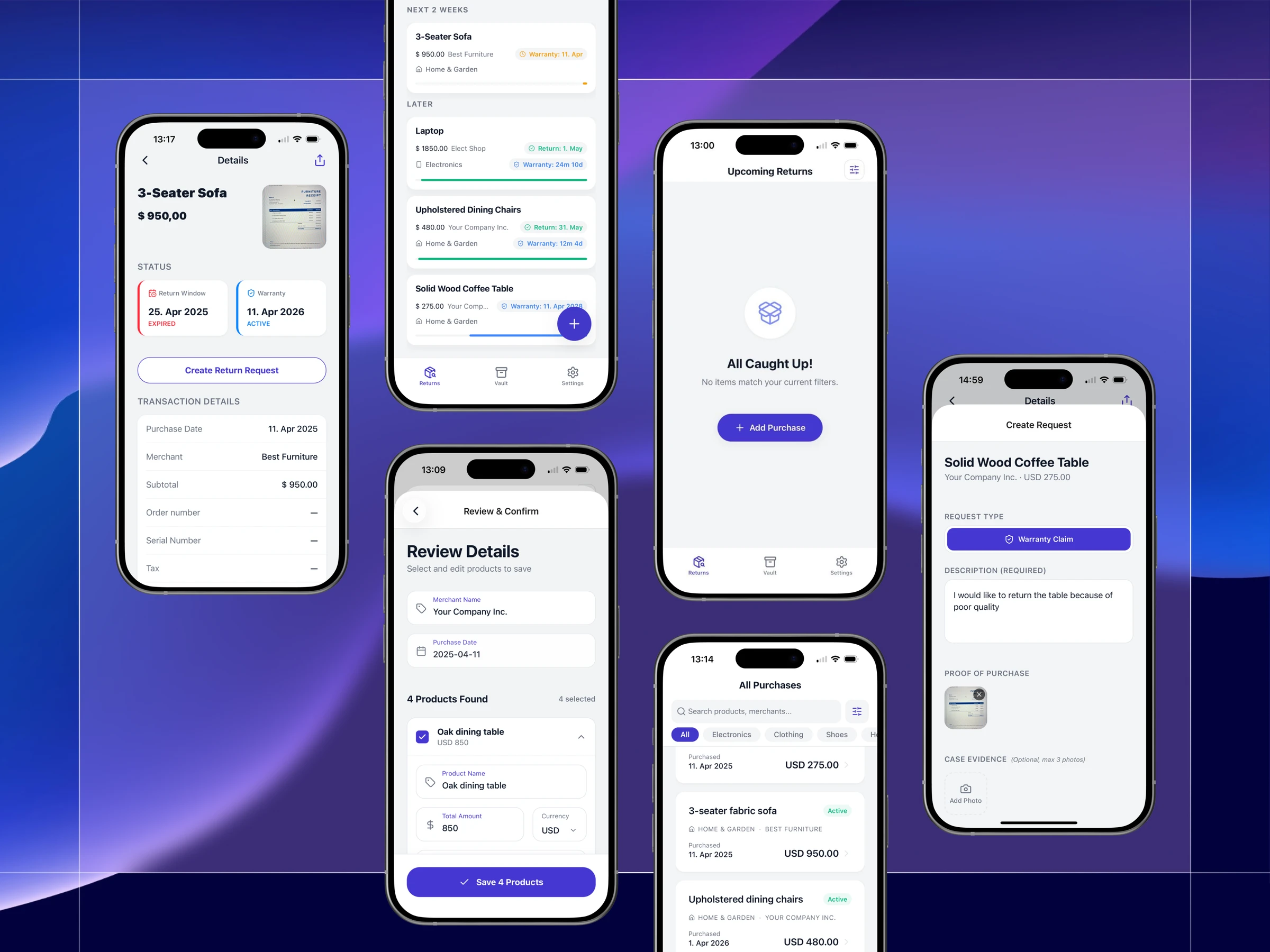 Reclaim purchase tracker app shown across several mobile screens