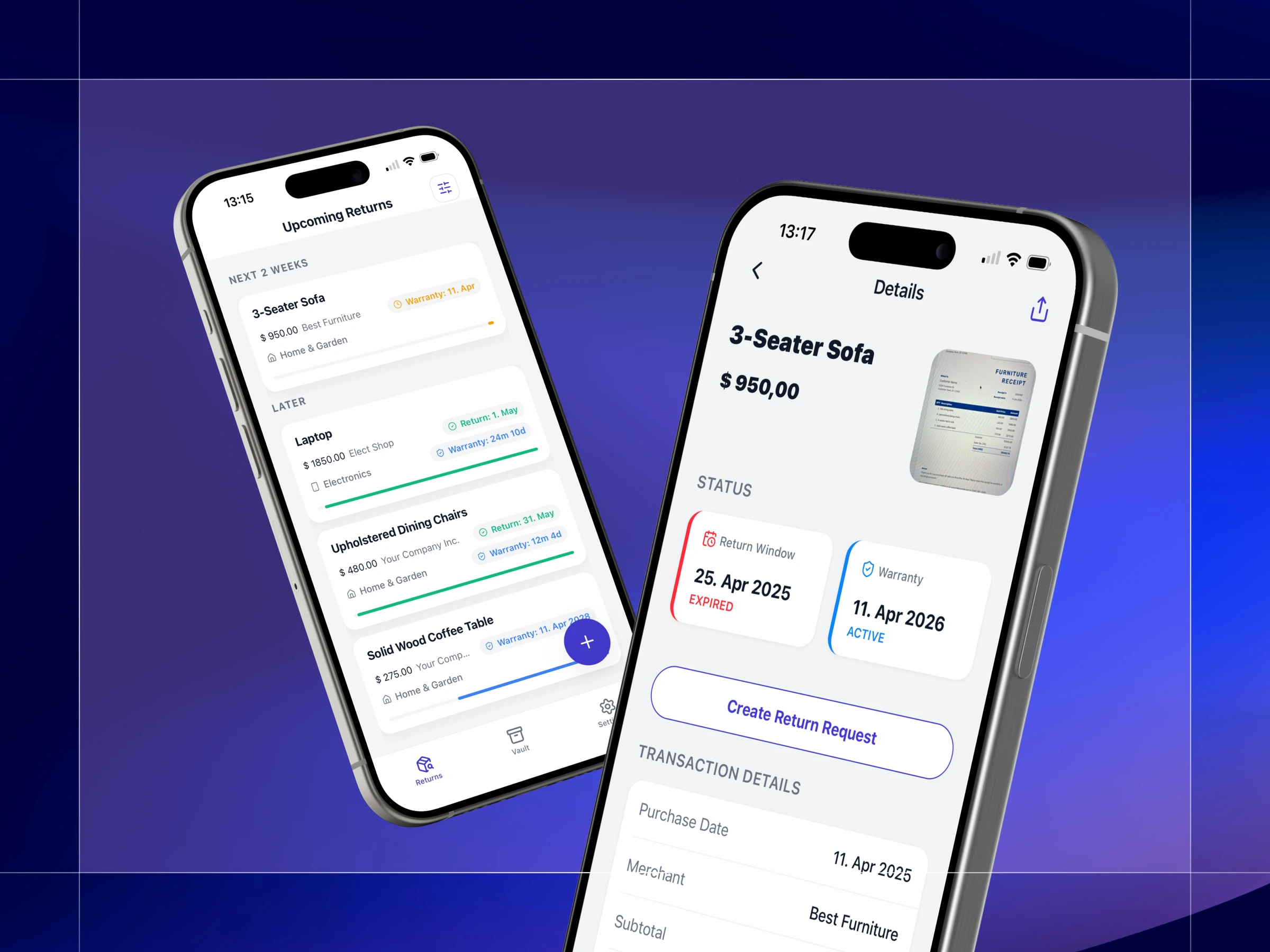 Reclaim mobile app receipt and purchase screens