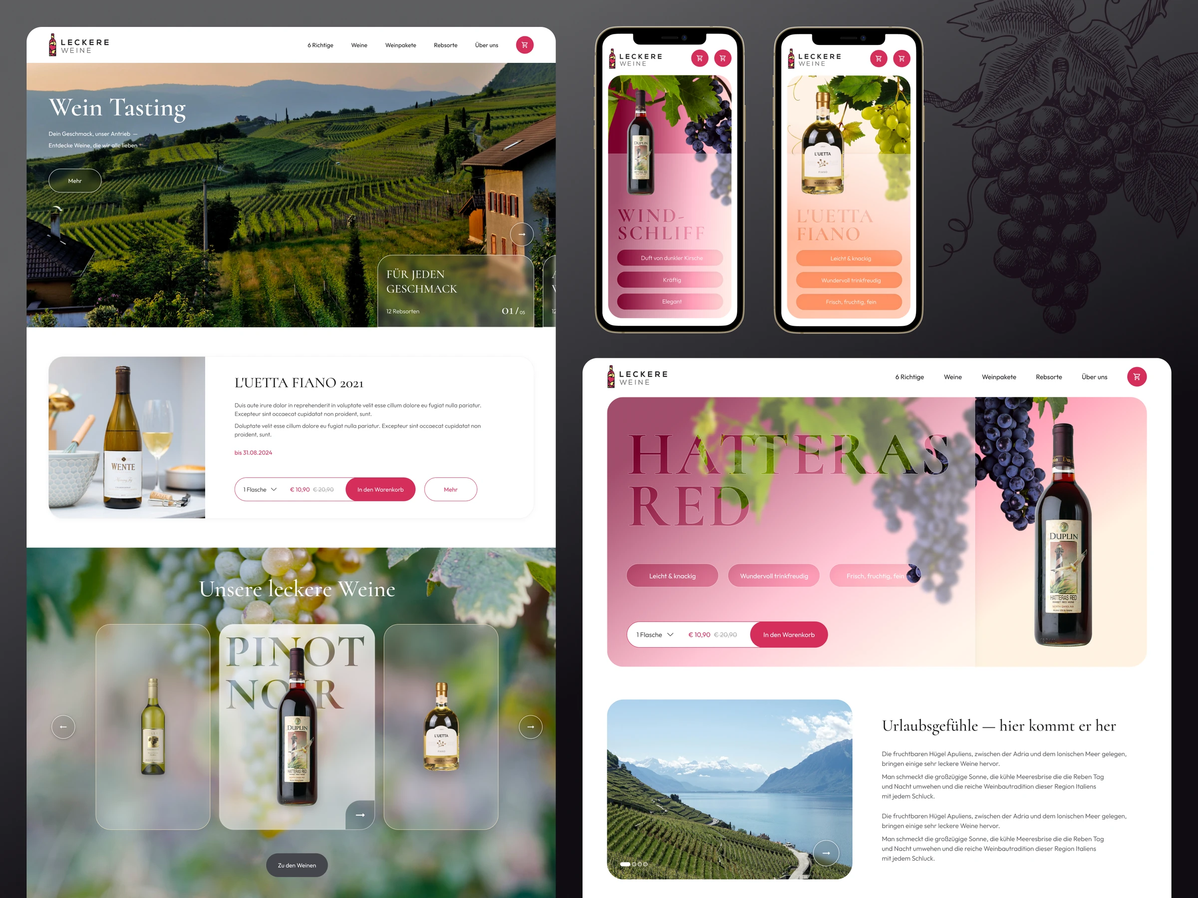 Wine e-commerce and tasting platform shown across desktop and mobile screens